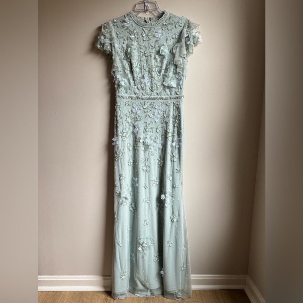 Mac Duggal Women’s Floral Embellished Flutter Sleeve Gown Size 2 Light Mint - Picture 5 of 9